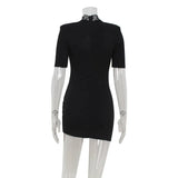 Lace Patchwork Hollow Out Bodycon Sheath High Collar Women Dresses Half Sleeves Outfits Sexy Club Fashion Female Mini Vestidos