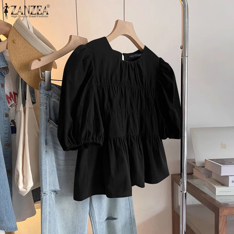 ZANZEA Women Summer Tops Short Sleeve Blouse 2025 Casual Solid Color Tunic Female Ruffled Round Neck Pleated Blusas Oversized