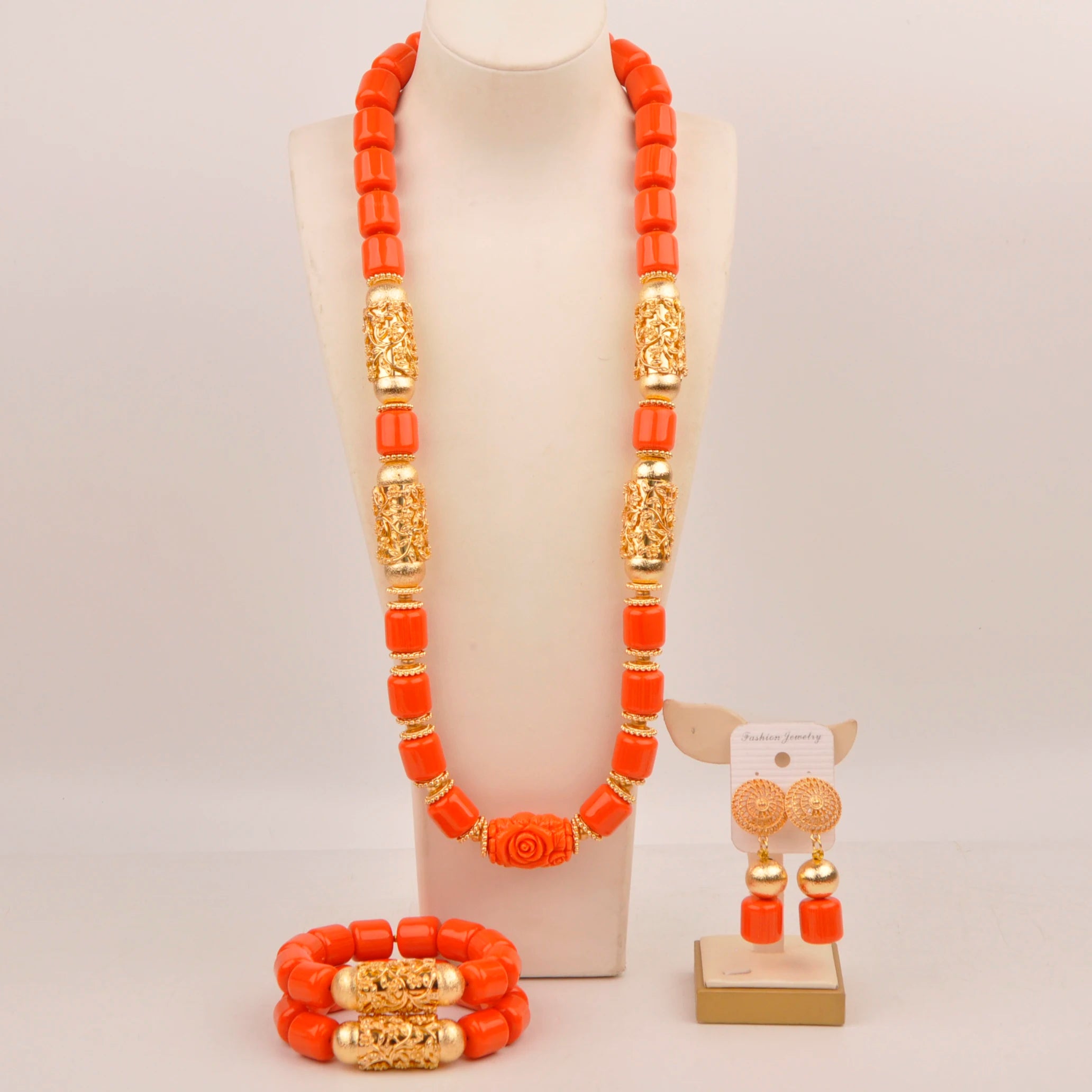 32inches 2Layers orange artifinal nigerian coral bead jewelry set wedding