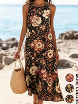 2026 Women's Sleeveless Bohemian Floral Casual Beach MIDI Sundress With Pockets Flowing and Loose Sweetheart Rustic Country