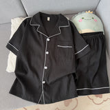 Youth Men's Slim Fit New Pajama Set Solid Color Short Sleeve Lapel Top and Elastic Shorts Pajamas Summer Loungewear Sleepwear