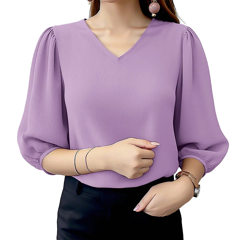ZANZEA Women Crinkled Texture Puff Sleeve Blouse, Elegant O Neck 3/4 Sleeve Blusas Mujer, Summer Fashion Solid Color Casual Tops