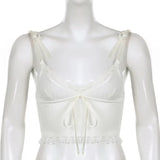 Lace Trim Crop Top Aesthetic White Bow Cute Sweet Mini Vest Knitted Basic Casual Tee Women Summer Backless Beach