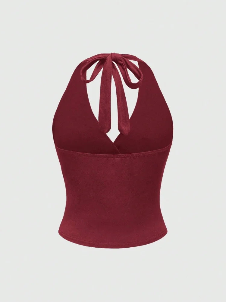 Solid V-neck Backless Halter Crop Top for Women Summer Sexy Y2K Sleeveless Ruched Top Streetwear