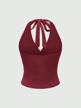 Solid V-neck Backless Halter Crop Top for Women Summer Sexy Y2K Sleeveless Ruched Top Streetwear