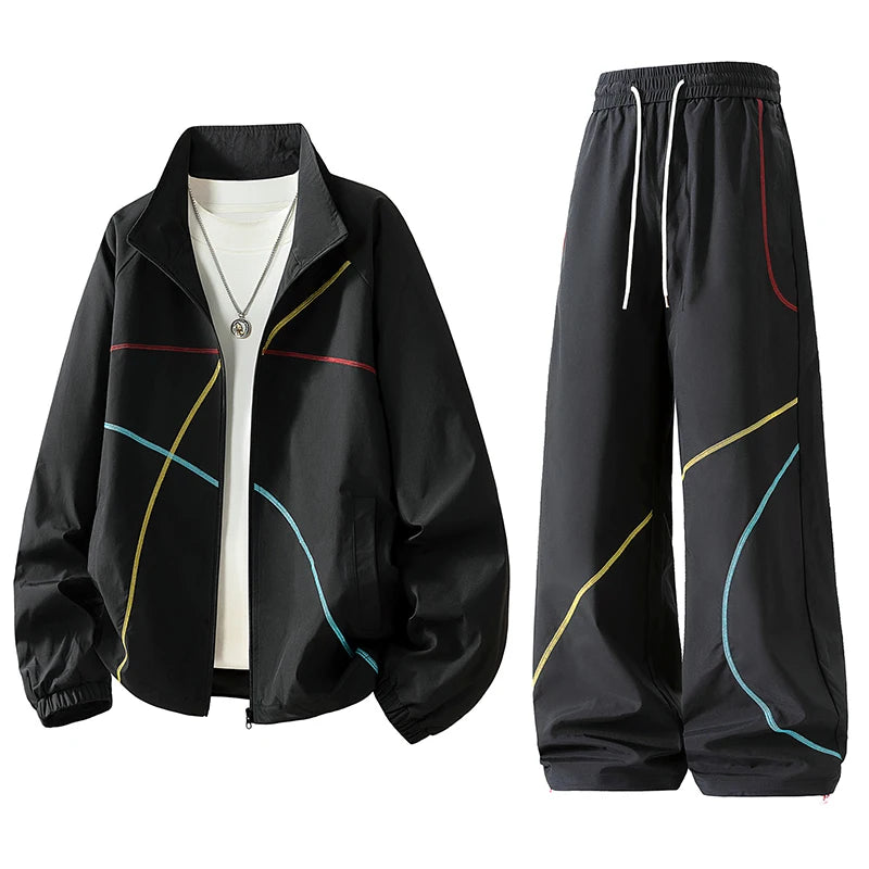 Unisex 2‑Pieces Tracksuit Set Color Contrast Stitching Stand Collar Zip‑Up Jacket Wide Leg Pants Windproof Outdoor Hiking Set