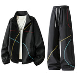 Unisex 2‑Pieces Tracksuit Set Color Contrast Stitching Stand Collar Zip‑Up Jacket Wide Leg Pants Windproof Outdoor Hiking Set