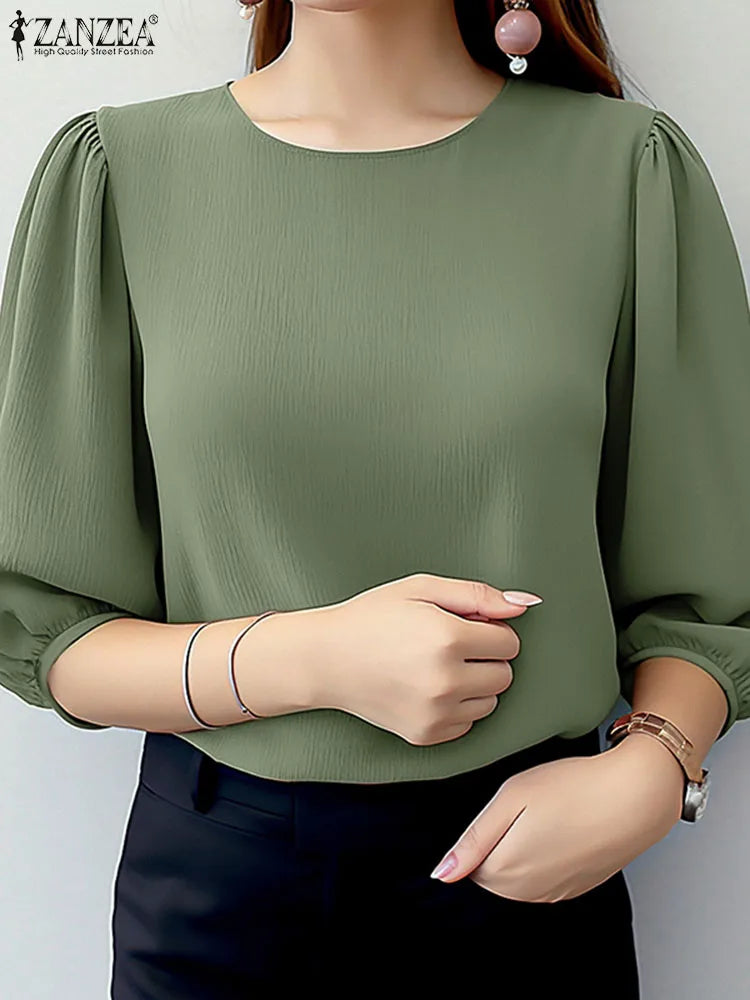 ZANZEA Women Crinkled Texture Puff Sleeve Blouse, Elegant O Neck 3/4 Sleeve Blusas Mujer, Summer Fashion Solid Color Casual Tops