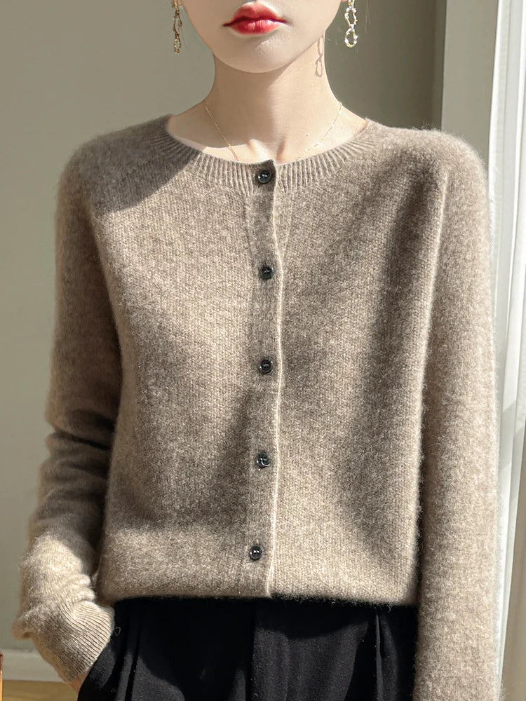 Women 100% Merino Wool Cardigan Soft O-Neck Cashmere Sweater OL Buttoned Knitwear Casual Top Clothing Korean Style