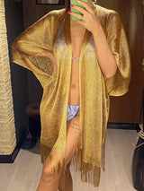 Swimsuit Cover-ups  Fashion Tassel Gold Bikini Beach Cover Up Sexy Beach Dress Tunics for Women Summer Wear See Through