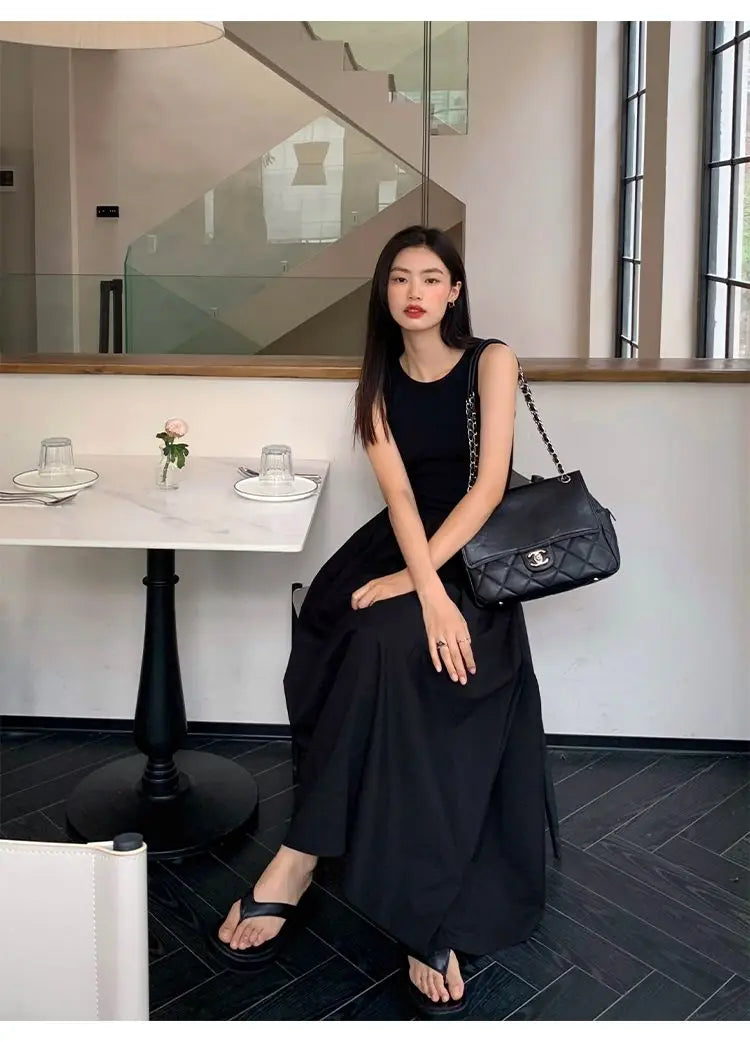 New Vintage Holiday Style Black Midi Dress Dresses for Women Clothing O Neck Office Lady Casual Pockets Women's Clothing