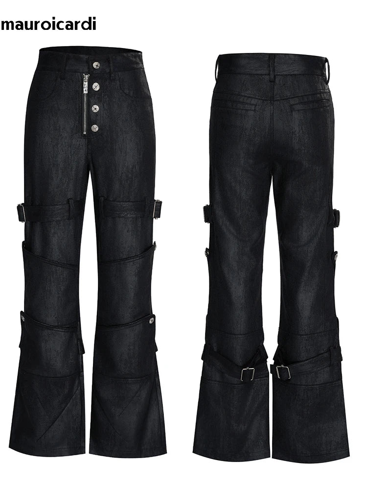 Mauroicardi Spring Long Black Distressed Waxed Cotton Denim Pants Man Metal Buckle Strap Streetwear Jeans Fashion Man Clothing