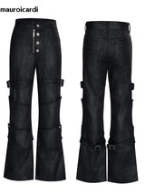 Mauroicardi Spring Long Black Distressed Waxed Cotton Denim Pants Man Metal Buckle Strap Streetwear Jeans Fashion Man Clothing