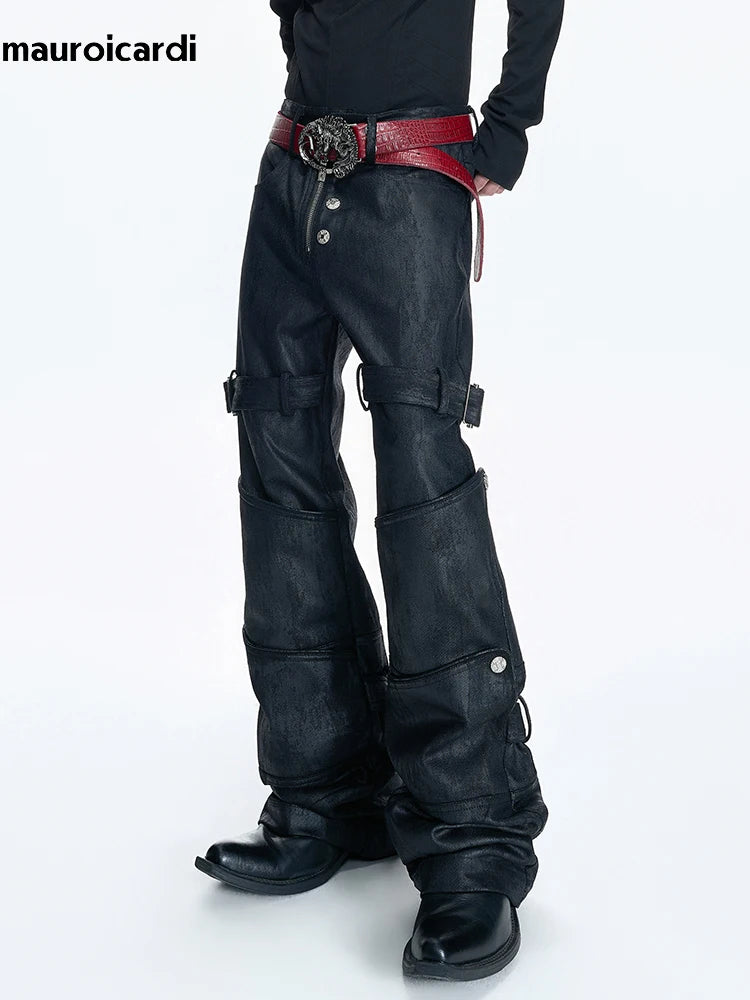 Mauroicardi Spring Long Black Distressed Waxed Cotton Denim Pants Man Metal Buckle Strap Streetwear Jeans Fashion Man Clothing