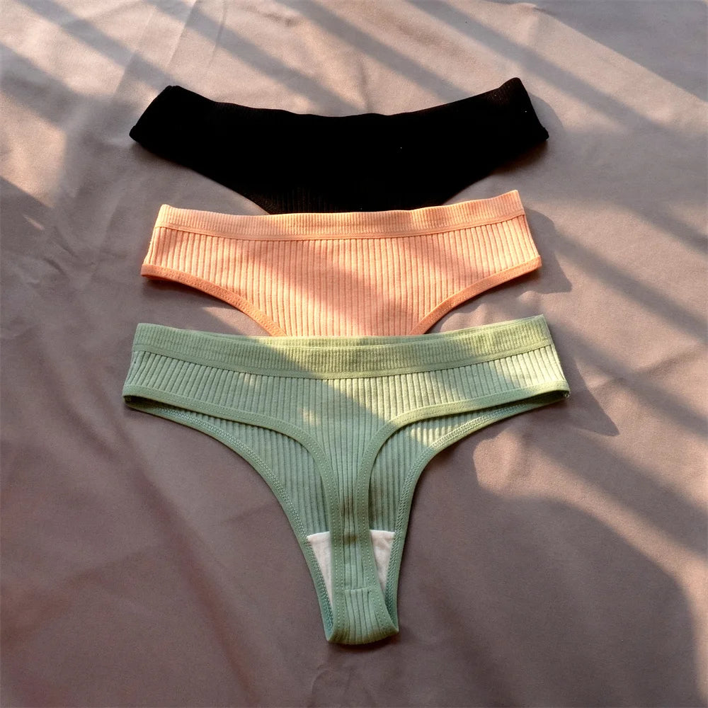 3 Pcs Seamless Ladies Ribbed Cotton Thong Simple Women's Low Waist Bikini Briefs Sports Girls Underwear Plus Size