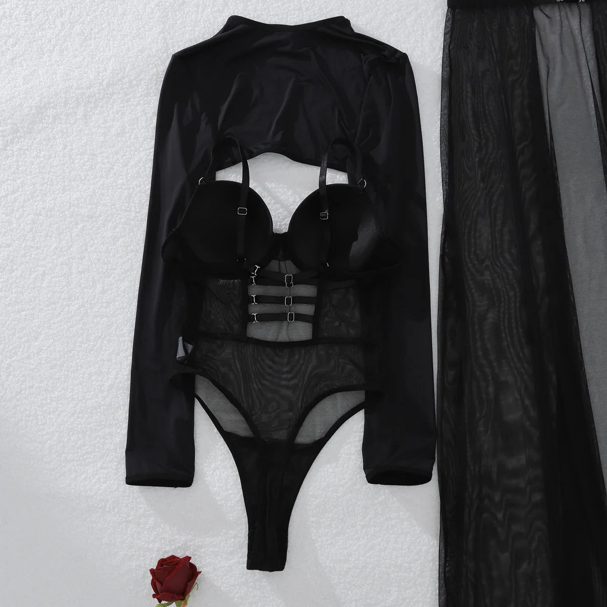 2025 New Perspective Mesh Body Shaping Jumpsuit Women's Sexy Splicing Split Skirt Female See Through Underwear 3-Piece Brief Set