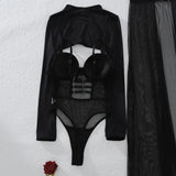 2025 New Perspective Mesh Body Shaping Jumpsuit Women's Sexy Splicing Split Skirt Female See Through Underwear 3-Piece Brief Set