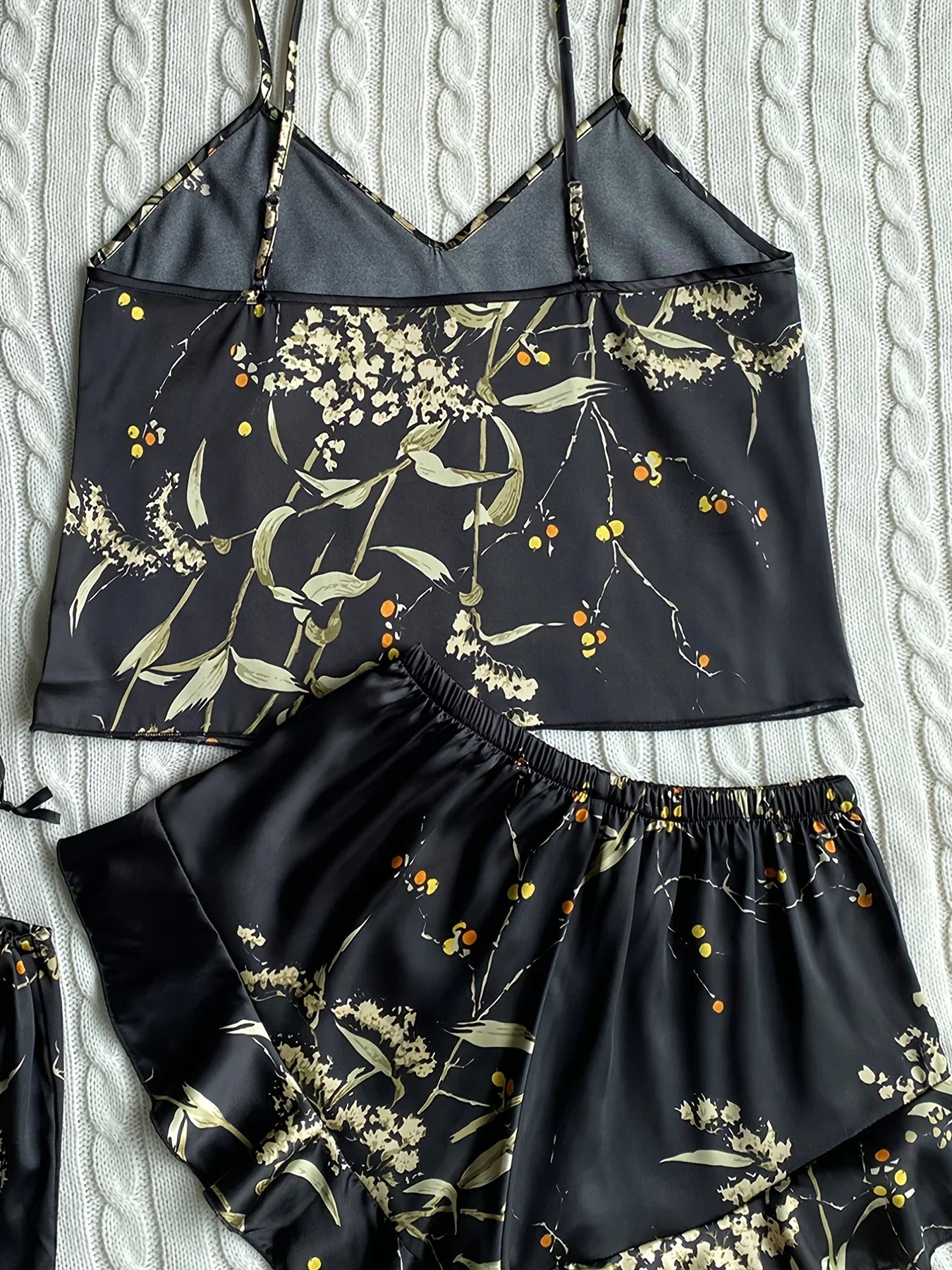 Elegant Floral Print Cami Tops Ruffle Hem Shorts Pajama Set  Women's Sleepwear Loungewear