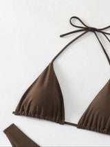 Women Thong Bikini Sexy Solid White/Black/Coffee Halter Swimsuit Lace Up Brazilian Bathing Suit 2025 New Double Fabric Beachwear
