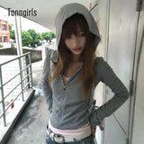 Tonngirls Y2k Japanese Hoodies Women Long Sleeve Striped Sweatshirt Streetwear American Striped Hoodies With Zipper E-girls