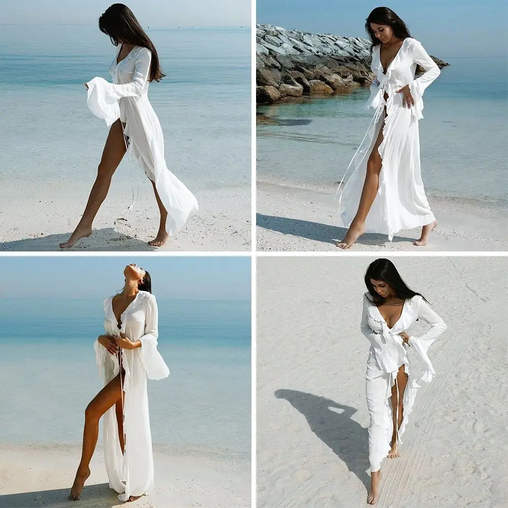 V Neck Summer Beach Cover Up Long Sleeve Ruffled Bikini Sunscreen Smock Vacation Casual Swimsuit Cover Up Dress for Women