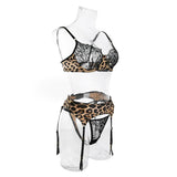 Krasapt Sexy Leopard Printing Lace Patchwork Women Lingerie 3Pcs Sets Romantic Mesh Perspective Intimates Underwear Erotic Set