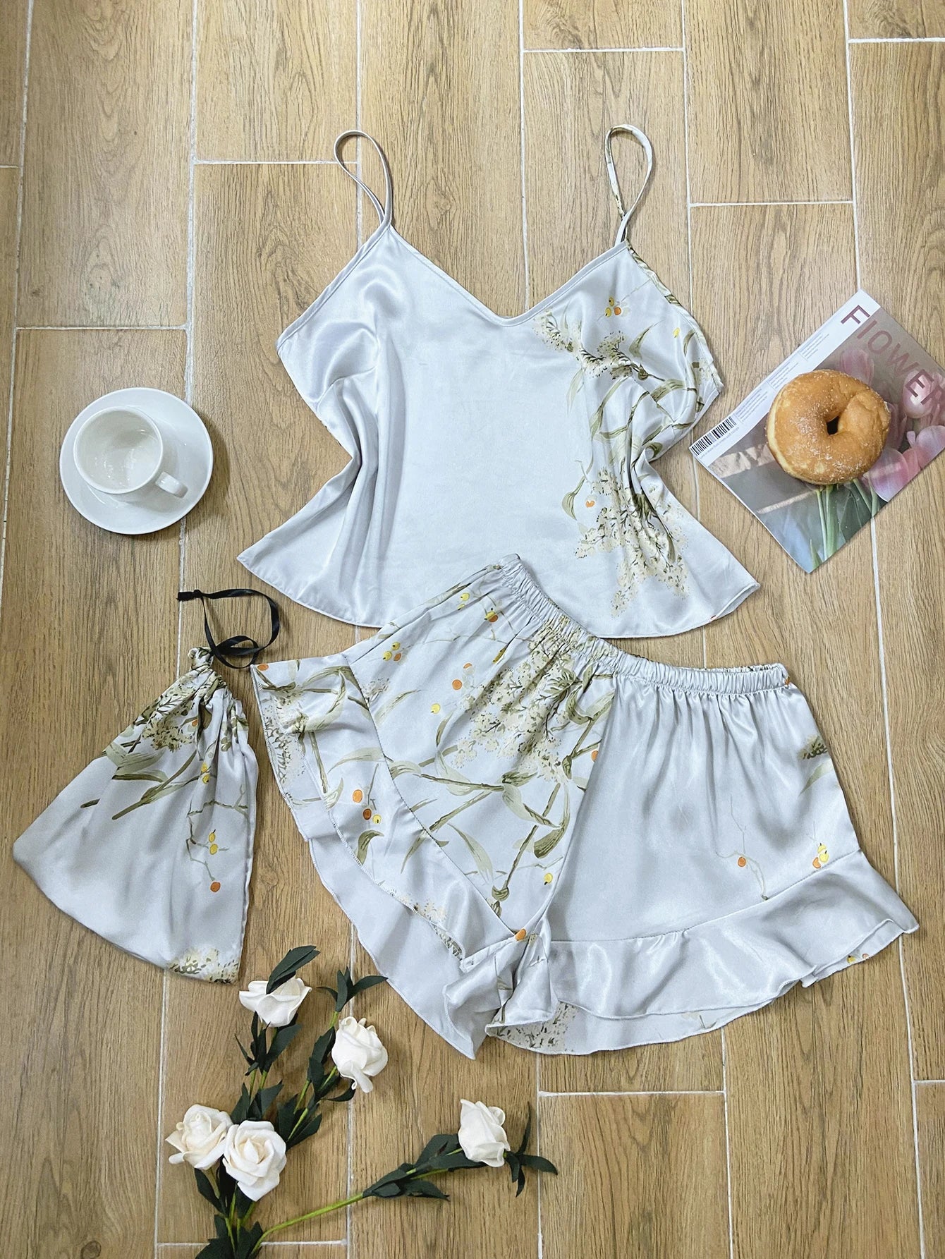 Elegant Floral Print Cami Tops Ruffle Hem Shorts Pajama Set  Women's Sleepwear Loungewear