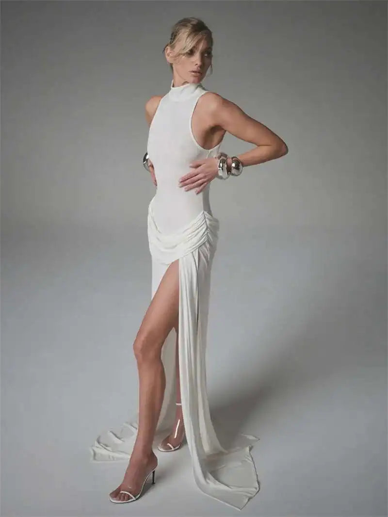 Blifanbo Turtleneck Off-shoulder Sleeveless Thigh Split High Waist Pleated Maxi Dress For Women Elegant Fashion Club Party Dress