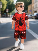 Boys 2Pcs Summer Outfit Spider Print Short Sleeve T-Shirt + Shorts Set Red Blue Casual Sportswear Kids Streetwear Tracksuit