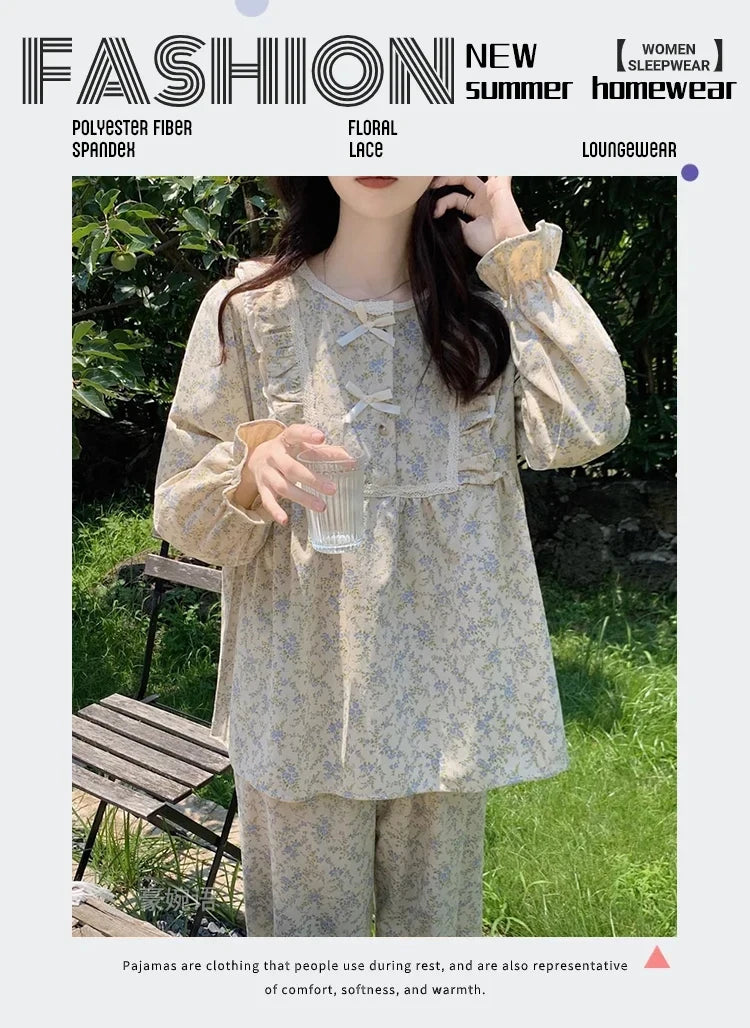 Four Seasons Can Wear Korean Style Floral Women's Pajamas Tops and Pants Summer Student Sleepwear Homewear Girl Sweet Nightwear