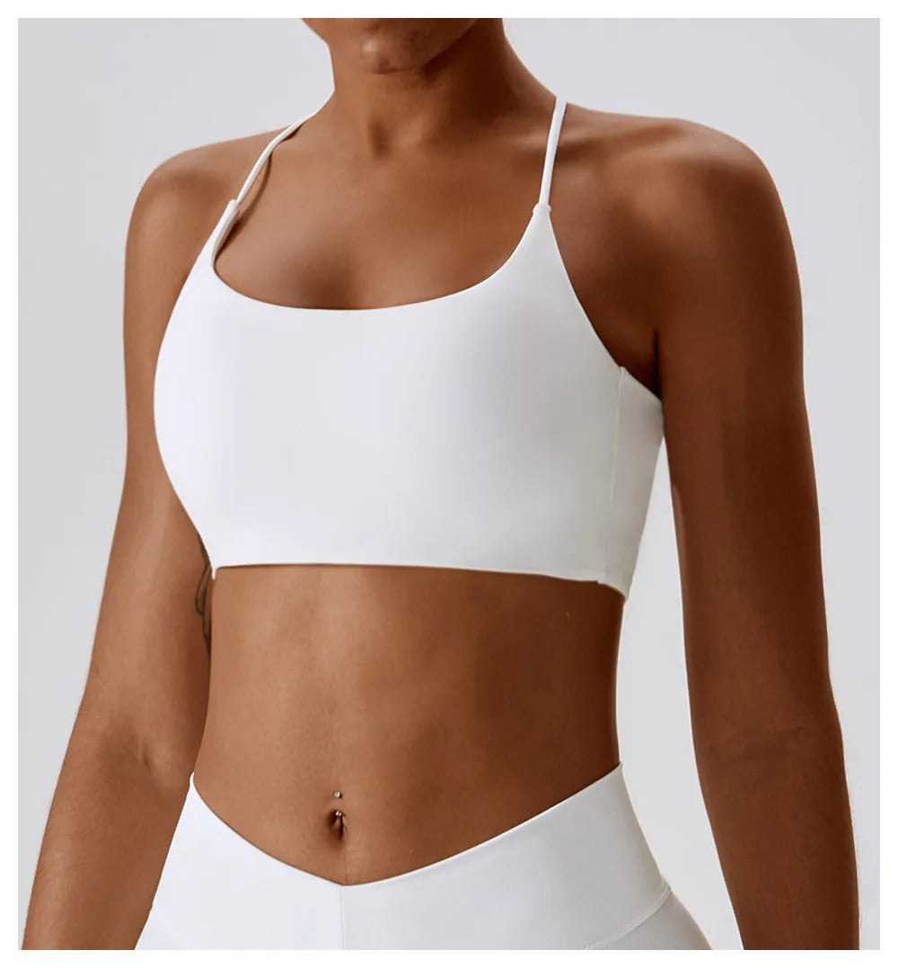 Solid Color U-Shaped Multi-Strap Cross Back Women Fitness Sports Bra Top Gym Yoga Athletic Tight Workout Jog Soft With Chest Pad