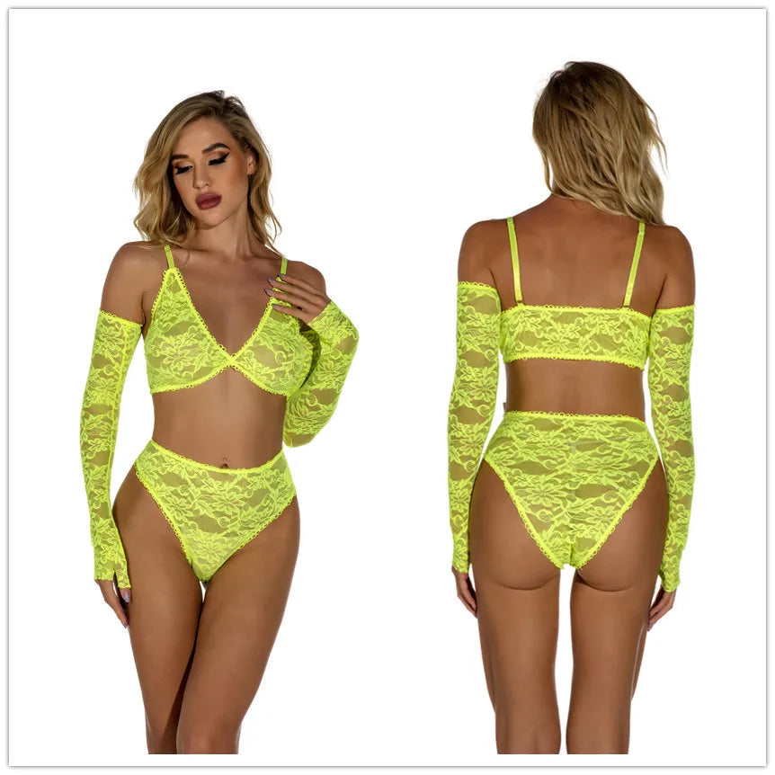 Women's Lingerie Set Sexy Lace Underwear See Through Bikini Erotic Bra for Ladies Low-waisted Thong Solid Color Erotic Lingerie