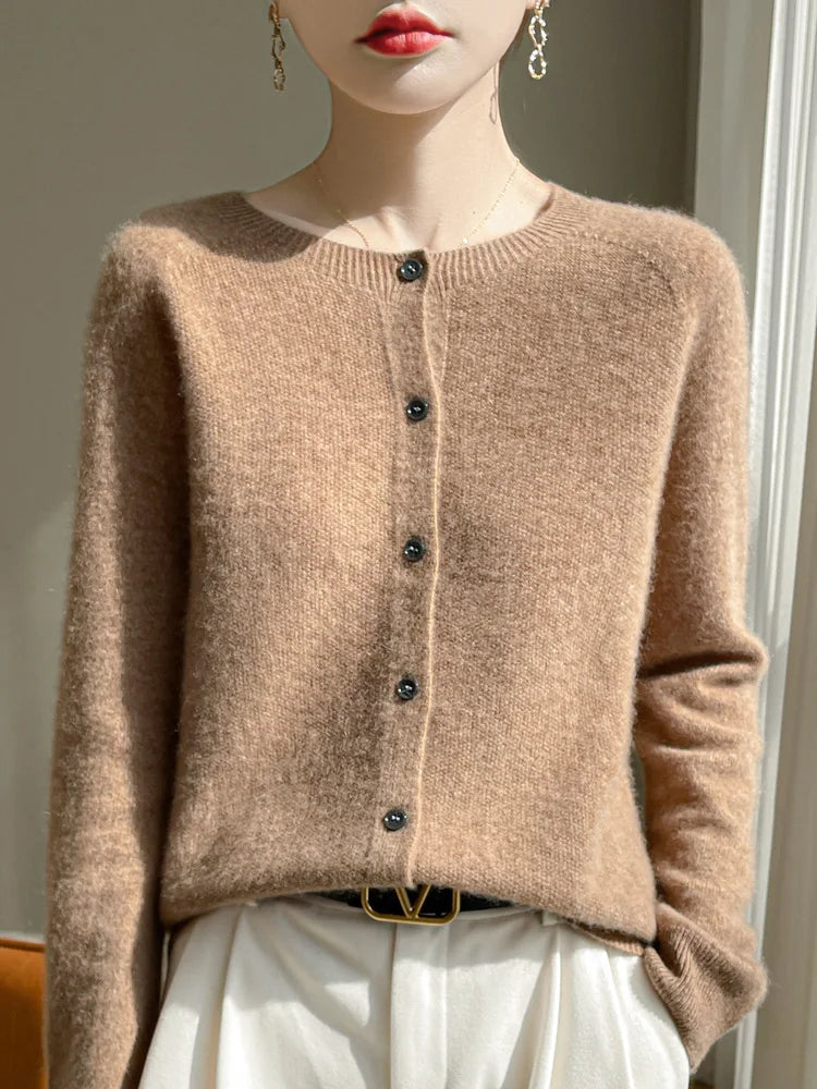 Women 100% Merino Wool Cardigan Soft O-Neck Cashmere Sweater OL Buttoned Knitwear Casual Top Clothing Korean Style