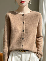 Women 100% Merino Wool Cardigan Soft O-Neck Cashmere Sweater OL Buttoned Knitwear Casual Top Clothing Korean Style