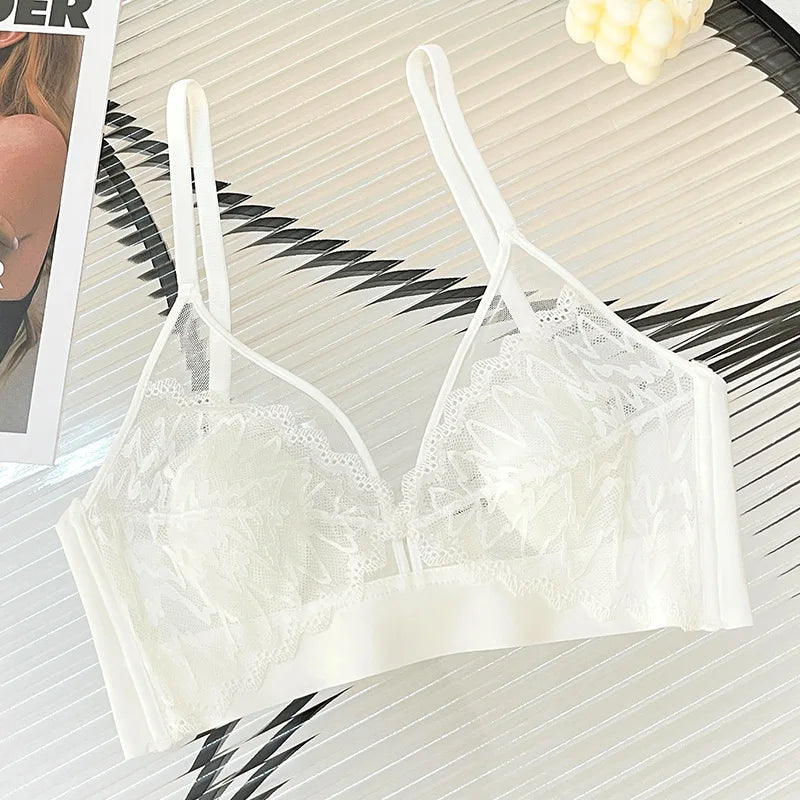 Sexy Lace Crop Top Deep V Backless Camisole Hollow Mesh Bra Female Solid Color Seamless Underwear Removable Chest Pad Tank Top