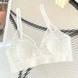 Sexy Lace Crop Top Deep V Backless Camisole Hollow Mesh Bra Female Solid Color Seamless Underwear Removable Chest Pad Tank Top