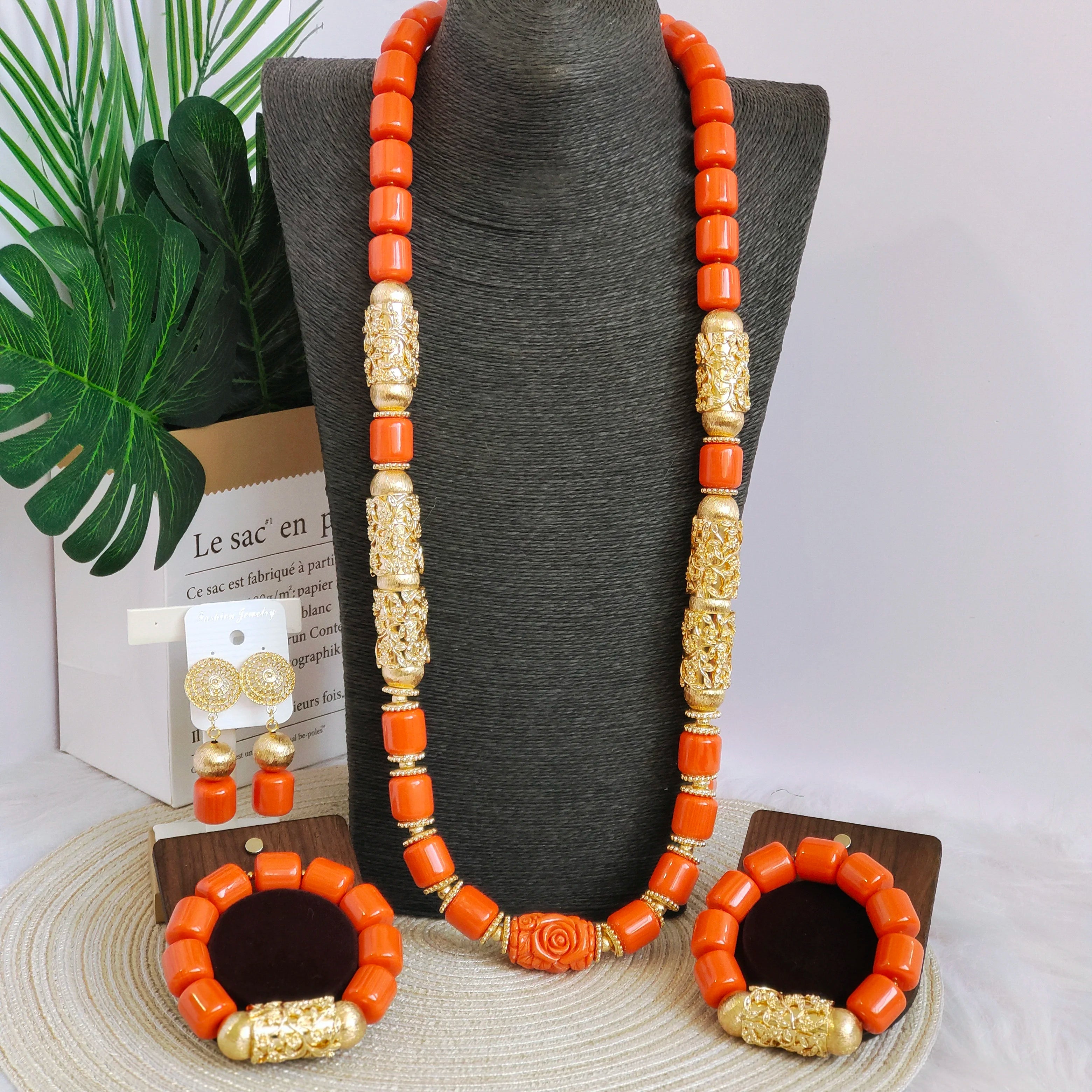 32inches 2Layers orange artifinal nigerian coral bead jewelry set wedding