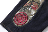 Men Embroidery Denim Shorts Black Hiphop Jeans Pants Cherry Blossom Dragon Totem Washed Zipper Cotton Summer cherry blossoms 024