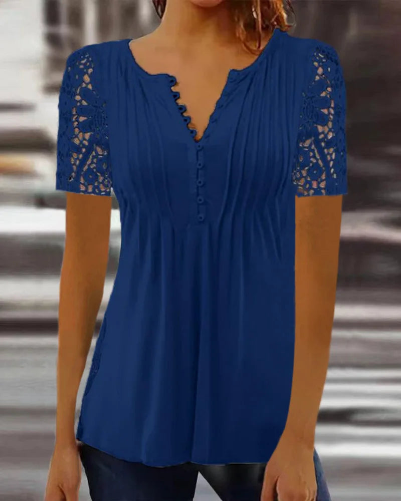 Summer Spring New Women's Loose and Comfortable Casual Lace V Neck Printed Blouse Floral Short Sleeve Elegant Fashion Shirt