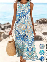 2026 Women's Sleeveless Bohemian Floral Casual Beach MIDI Sundress With Pockets Flowing and Loose Sweetheart Rustic Country