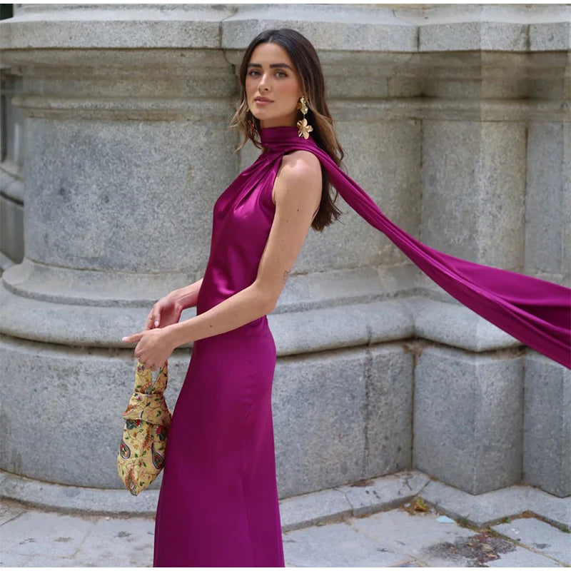 Elegant Ribbon Halter Dress Women Solid Off Shoulder Sleeveless Backless Slim Maxi Dresses 2025 Summer Autumn Party Robes Lady