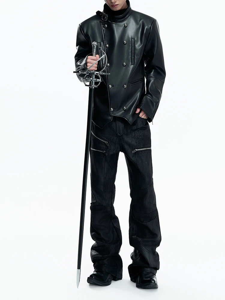 Mauroicardi Spring Long Black Distressed Waxed Cotton Denim Pants Man Metal Buckle Strap Streetwear Jeans Fashion Man Clothing