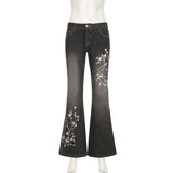 Weekeep Floral Embroidery Jeans Vintage 2000s Low Rise Flared Jeans Women Retro y2k Baggy Denim Pants High Street Basic Trousers