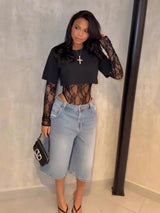 Sexy Women Crop Top+Lace Jacquard Full Sleeve Bodysuit Hottie Street Clubwear Slim Wild Matching Basic Skinny Tees