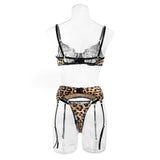Krasapt Sexy Leopard Printing Lace Patchwork Women Lingerie 3Pcs Sets Romantic Mesh Perspective Intimates Underwear Erotic Set