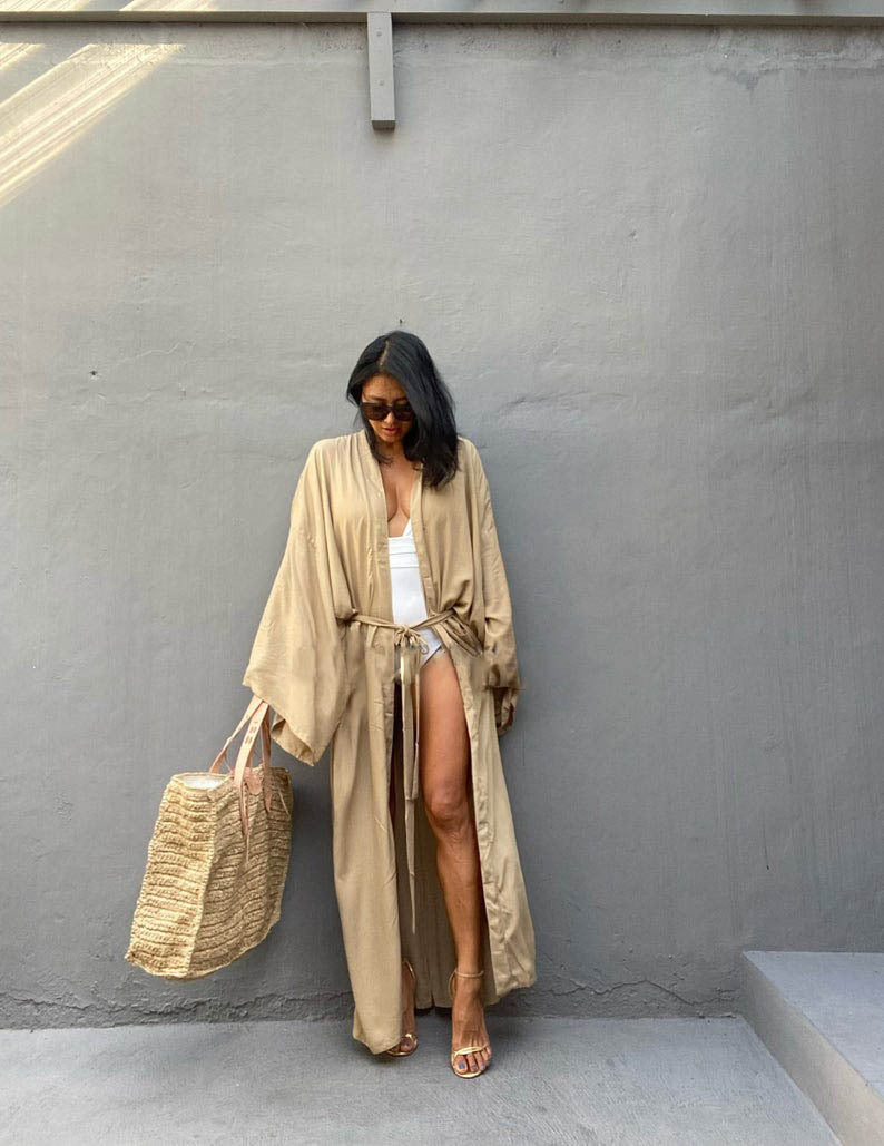 Solid Beach Cover Up Women Self Belted Wrap Kimono Dress Swimsuit 2025 New Robe Summer Beachwear Factory Supply