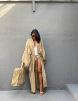 Solid Beach Cover Up Women Self Belted Wrap Kimono Dress Swimsuit 2025 New Robe Summer Beachwear Factory Supply