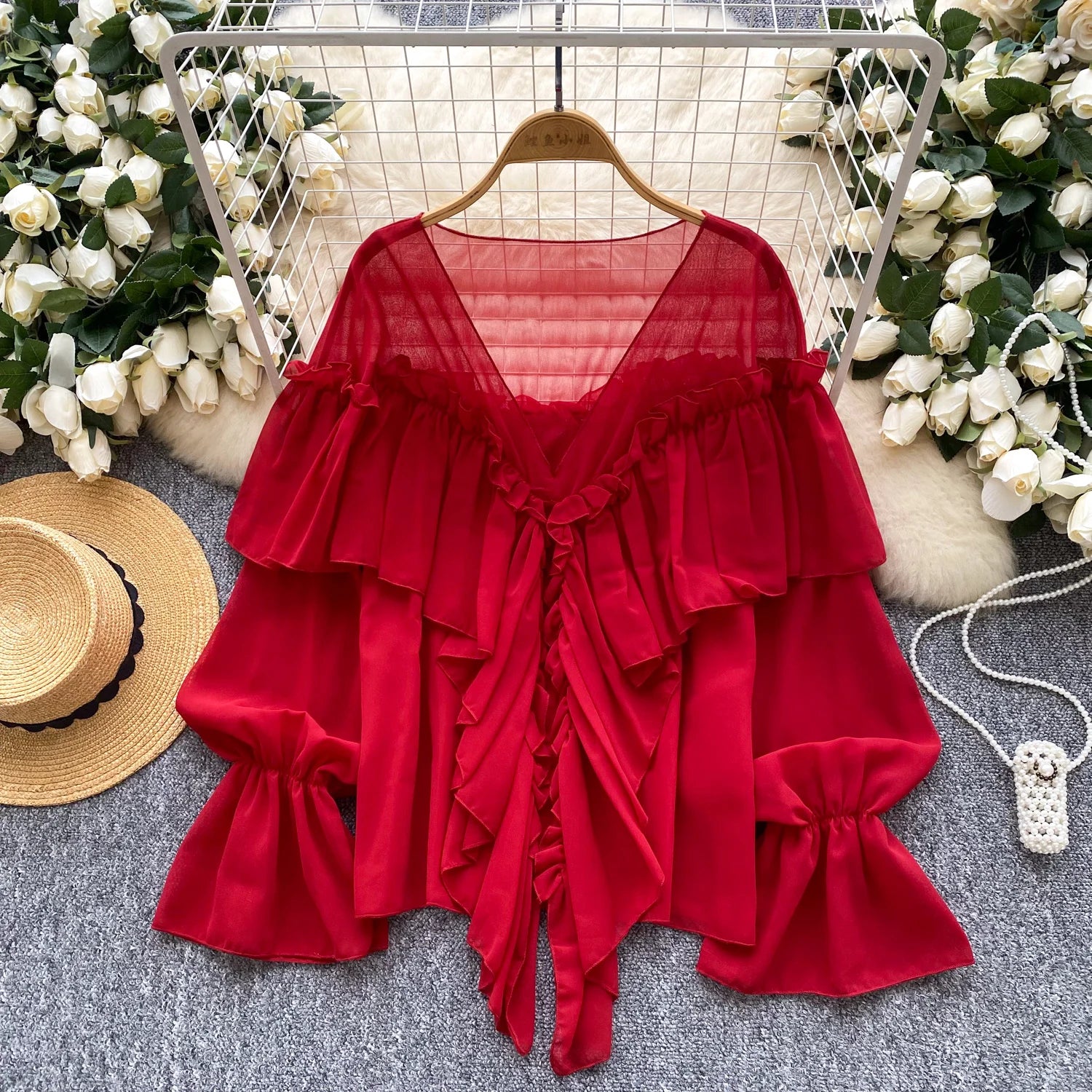 SINGREINY Chic Ruffles Splice Chiffon Blouse V Neck Flared Sleeve Loose Tops 2025 Fashion Solid Fairycore Vacation Women Shirt