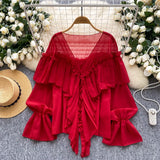 SINGREINY Chic Ruffles Splice Chiffon Blouse V Neck Flared Sleeve Loose Tops 2025 Fashion Solid Fairycore Vacation Women Shirt