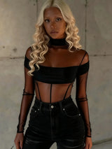 Weird Puss Coquette See Through Bodysuit Women Sexy Wild Mesh Hipster Patchwork Full Sleeve Midnight Stretch Street Clubwear